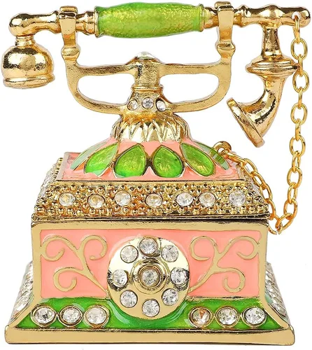 FASSLINO Caja de joyería de teléfono vintage con adornos pintados a mano con bisagras regalo único para decoración del hogar (rosa)