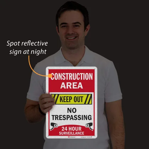 Miniatura 2 de SmartSign Letrero de "Área de construcción: Keep Out, No Trespassing, 24 Hour Surveillance" Aluminio reflectante de grado de ingeniero 3M de 10 x