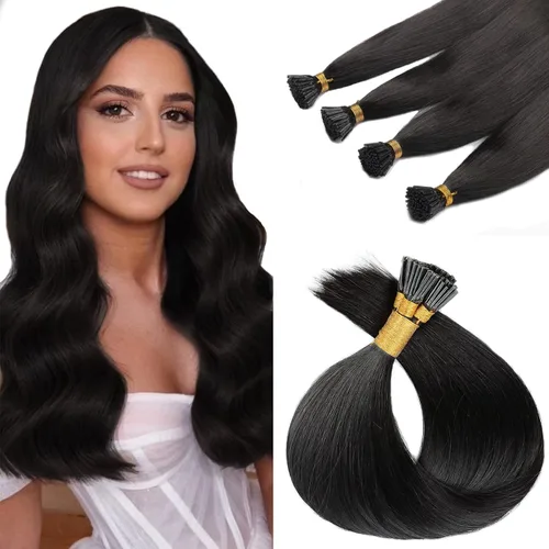 Miniatura 16 de Lacer Extensiones de cabello humano con punta en I, extensiones de cabello humano rizado lacio color negro natural, 1B de 12 pulgadas, extensiones