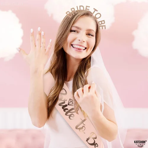 Miniatura 4 de KatchOn, Banda y diadema de oro rosa para la novia, paquete de 2, banda y tiara de novia para decoraciones de despedida de soltera, banda y corona