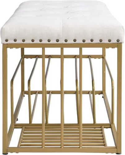Miniatura 8 de Banco de lino con almacenamiento de zapatos de entrada con asiento acolchado copetudo, banco otomano con marco mental dorado para dormitorio, Beige