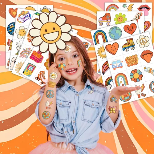 Miniatura 2 de 96 tatuajes temporales precortados de los años 70 – Poder floral retro, decoraciones de fiesta y recuerdos de Good Vibes Bonitas calcomanías