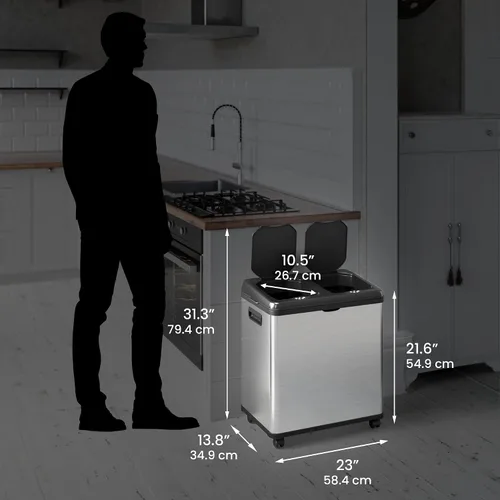 Miniatura 6 de iTouchless Bote de basura de cocina con sensor 2.0 de 16 galones, con doble compartimiento, con ruedas, de acero inoxidable, automático, de 8