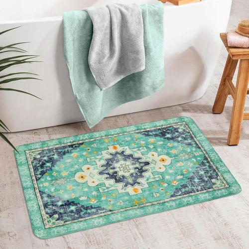 Miniatura 10 de Uphome Alfombra de baño vintage, azul, bohemio, antideslizante, oriental, suave, lavable a máquina, lindas alfombras de baño tribales florales