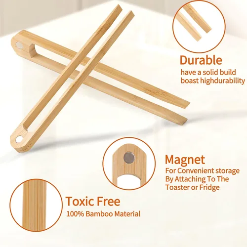 Miniatura 9 de Jowmoy 2 piezas con imán de pinzas de bambú natural para tostadas, pinzas para tostadas, pinzas de bambú, diseño antideslizante, para tostadora, 4