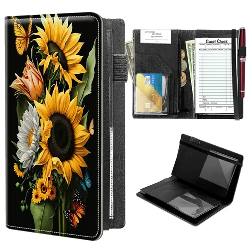 Libretas de alto volumen para camareros, Libro de servidor de girasoles y mariposas con 2 bolsillos expandibles de 9 x 5, linda libreta de camarera
