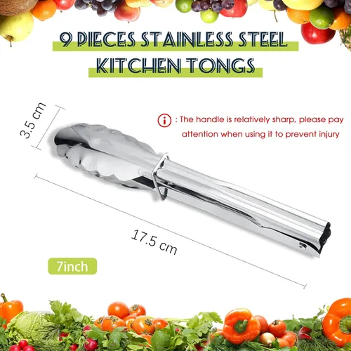 Miniatura 2 de Chengu Juego de 18 pinzas de cocina de acero inoxidable con anillos deslizantes de 7 pulgadas, pinzas de cocina antideslizantes para ensalada
