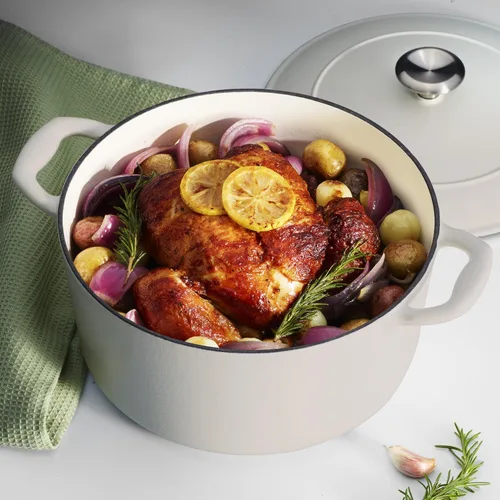Miniatura 3 de Tramontina Bestow - Olla para horno holandés de hierro fundido esmaltado con tapa, redonda, 5.5 cuartos de galón, color blanco mate