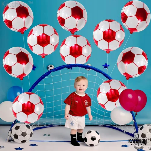 Miniatura 7 de Paquete de 20 globos metálicos de fútbol de 18 pulgadas, suministros de fiesta de cumpleaños de fútbol, globos redondos de papel de aluminio de bola