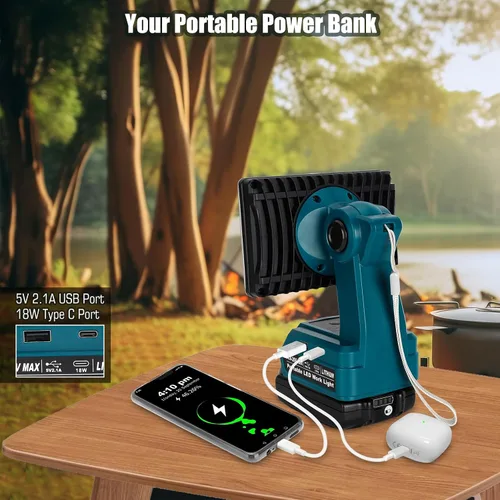 Miniatura 2 de Linterna de 18 W compatible con batería Makita de 18 V, reflector de 2000 lm de 18 V con puerto USB, puerto tipo C, cabezal giratorio de 110 grados