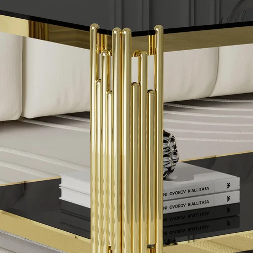 Miniatura 6 de Mesa de centro de cristal negro de 43 pulgadas, mesa moderna para sala de estar, acero inoxidable dorado, patas de metal, rectangular, de vidrio