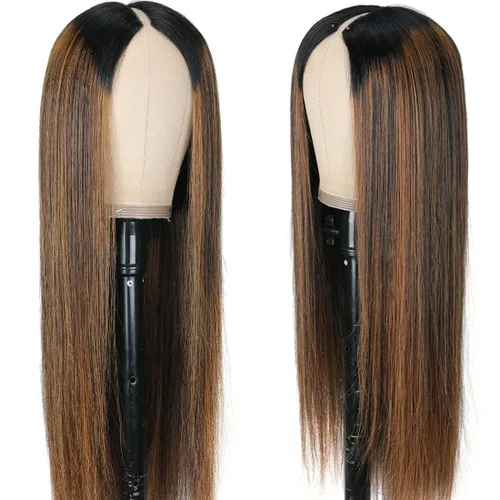 Miniatura 3 de Pelucas Ombre con Reflejos Parte en V Cabello Humano Liso Pelucas de Cabello Humano Brasileño Pelucas Parte en U Mejoradas Densidad 180% Media