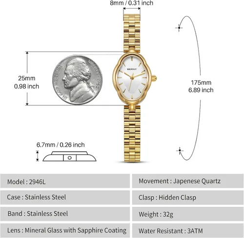 Miniatura 6 de BERNY Relojes dorados para mujer, delicado reloj de cuarzo para mujer, estilo vintage, cobre, con forma de espejo, movimiento de cuarzo japonés