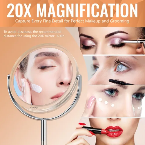 Miniatura 2 de Auxmir Espejo de aumento 1X/20X, espejo de maquillaje de doble cara con soporte, espejo de mesa de tocador con pinzas, rotación de 360° portátil