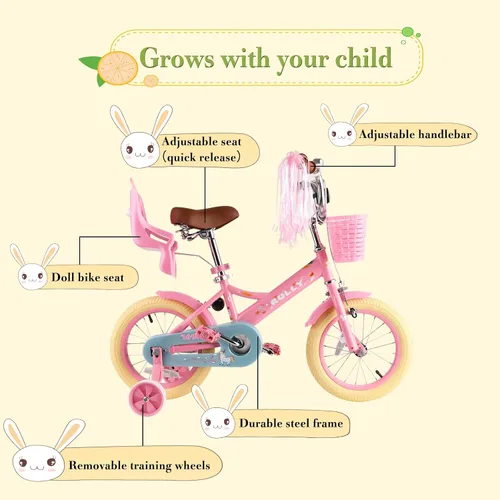 Miniatura 2 de RULLY Bicicleta para niños de 12, 14, 16 pulgadas, para niñas de 2 a 7 años con ruedas de entrenamiento y freno de mano delantero, bicicleta