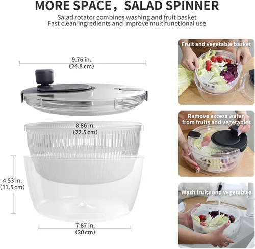 Miniatura 7 de Molinillo de ensalada grande, cuenco de lavado de frutas con colador, giratorio de lechuga de uso rápido y fácil, lavadora de frutas y verduras