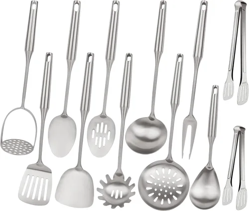Miniatura 9 de Juego de utensilios de cocina de acero inoxidable de 18 y 10 piezas, 9 piezas de utensilios de cocina de metal de 14 pulgadas de largo, resistentes