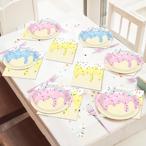 Miniatura 7 de 96 piezas de decoraciones para fiesta de helados, platos temáticos de helado para fiesta de cumpleaños, fiesta de helado dulce de verano, platos