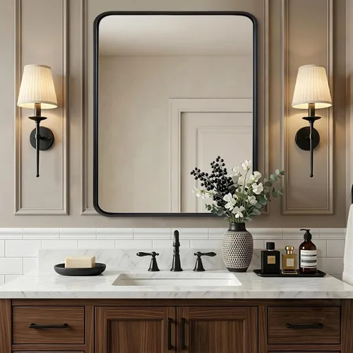 ANDY STAR Espejo de baño negro de 24 x 30 pulgadas, espejos de tocador de baño negros para pared, espejo rectangular redondeado para fregadero de