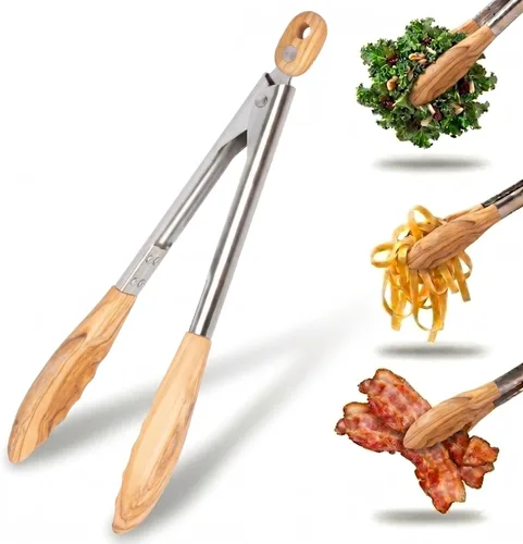 Salt & York Pinzas de madera de olivo de 11 pulgadas, pinzas de cocina de mango largo para cocinar, ensalada, pasta y parrilla, cocina y utensilios