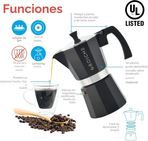 Miniatura 2 de GROSCHE Milano Cafetera Moka para Preparar Espresso en la Estufa, 9 Tazas de Café, 15.2 oz, Negro. Cafetera Cubana para Preparar Café en la Estufa