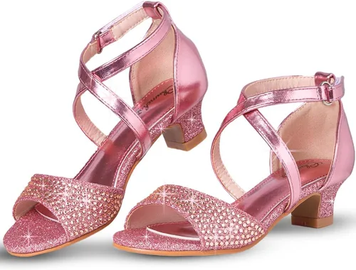 Chumchoi Sandalias para niñas con diamantes de imitación, tacón bajo, correa de tobillo, vestido de tacón alto, boda, fiesta, para niños pequeños y