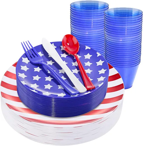 Miniatura 29 de KIRE - 30 platos de plástico azul con borde dorado y cubiertos desechables, vasos azules y servilletas de mano, vajilla de plástico azul Rosa claro