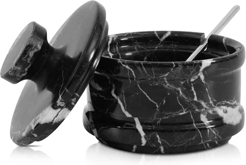 Radicaln Salero de Mármol con Tapa de 3.5 Pulgadas, Caja de Sal Cebra Negra, Contenedor de Condimentos y Frascos de Especias, Portasales de Piedra