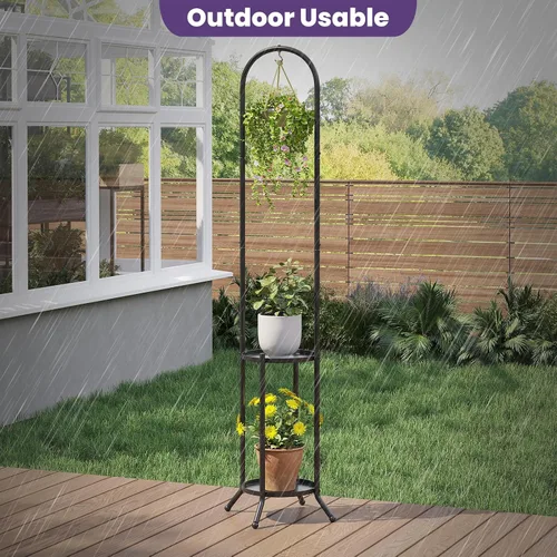Miniatura 3 de Soporte de metal para plantas de 2 niveles con gancho para colgar para plantas de interior y exterior, estante de exhibición de acero resistente