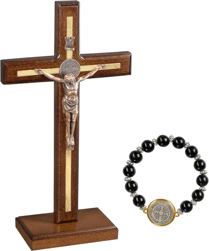 Asterom Crucifijo de San Benito hecho a mano - Cruz de madera de mesa con soporte desmontable - Crucifijo católico de pie único
