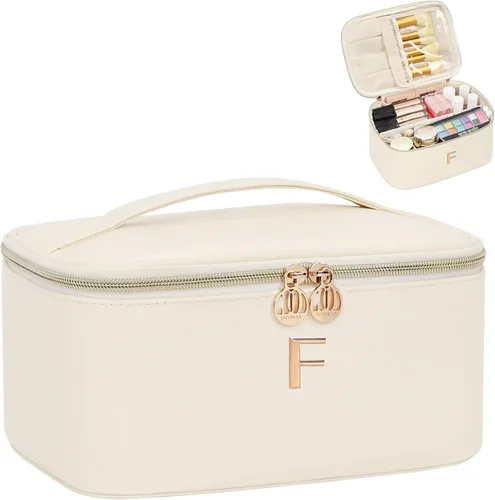 Miniatura 48 de OCHEAL Bolsa de maquillaje personalizada, bolsa de maquillaje beige para mujer, kit de aseo de viaje con monograma, organizador de cosméticos listo