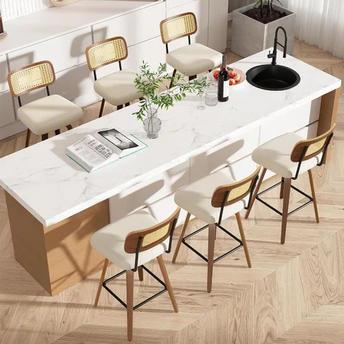 Miniatura 62 de Juego de 1 taburete de bar giratorio, taburetes de bar tapizados de 26" de altura para encimera con respaldo de nogal y patas de madera curvada