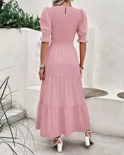 Miniatura 23 de BTFBM Vestidos para mujer, cuello redondo, casual, de verano, con volantes, manga corta, bohemio, con niveles, fruncido, largo, con estampado floral
