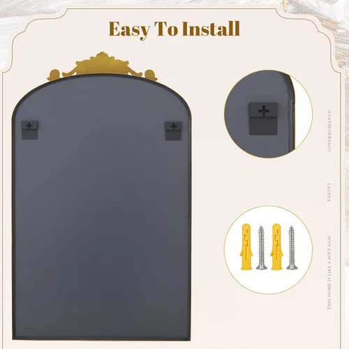 Miniatura 7 de Dewfig Espejo de pared arqueado antiguo, espejo de baño dorado vintage de 24 x 36 pulgadas, espejo de latón con marco de metal barroco para sala
