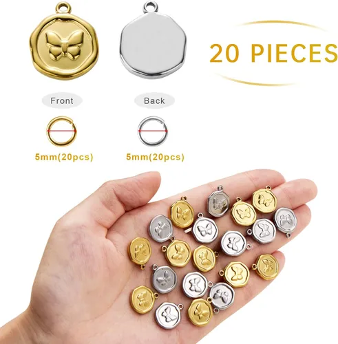 Miniatura 2 de 10pcs Gold Plated Stainless Steel Charms + 10pcs Steel Color Butterfly Charm Pendant Bulk with 40pcs Jump Rings