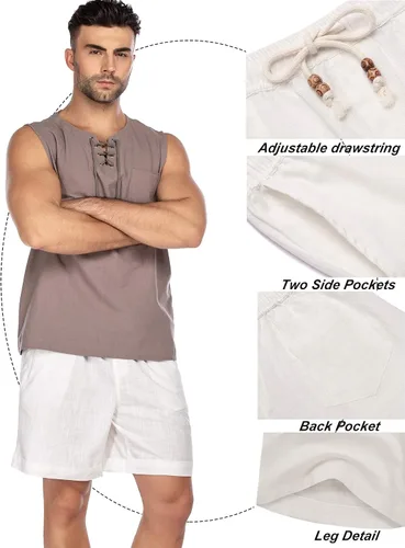 Miniatura 5 de COOFANDY Pantalones cortos de lino para hombre con cintura elástica y cordón para playa