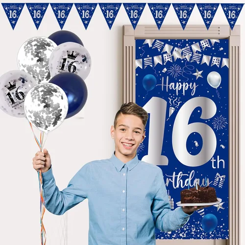 Miniatura 6 de Decoraciones de cumpleaños número 16 para niños y niñas, kit de fiesta de cumpleaños azul plateado con pancarta, globos, globo del número 16
