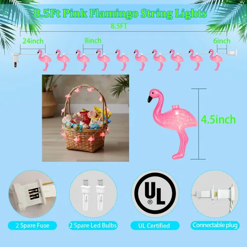 Miniatura 2 de Guirnalda de luces de flamenco rosa con temática de verano, 8.5 pies, luces de decoración de flamencos tropicales de playa para interiores