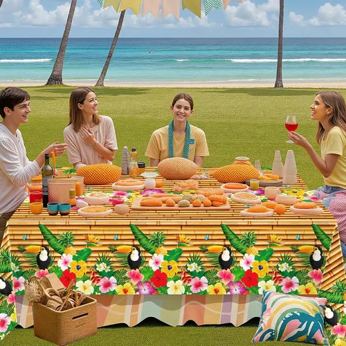 Miniatura 4 de Paquete de 2 manteles hawaianos Luau para decoración de fiesta, 54 x 108 pulgadas, mantel Tiki Tropical de plástico, mantel desechable Hawaii Aloha