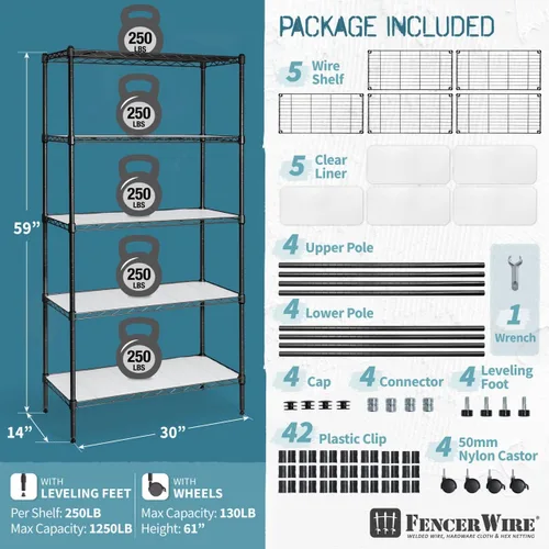 Miniatura 3 de Fencer Wire NSF - Estantería de alambre de altura ajustable de 4 niveles, organizador de almacenamiento de estanterías de garaje, estante de alambre