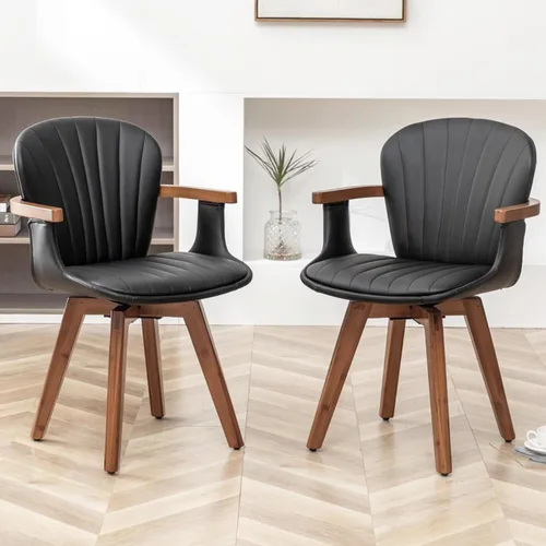 Miniatura 3 de LUNLING Sillas de comedor giratorias, sillas de cocina modernas de cuero sintético negro de mediados de siglo con brazos, patas de bambú, sillas