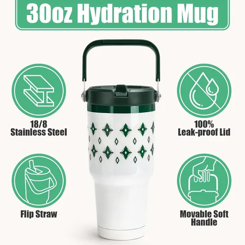 Miniatura 5 de Vaso de 30 onzas con tapa y pajita, vasos de acero inoxidable con aislamiento al vacío con pajita plegable y asa superior, botella de agua aislada