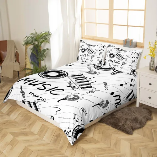 Miniatura 3 de Feelyou Juego de ropa de cama con temática musical en blanco y negro, funda de edredón para niños y niñas, diseño musical, funda de edredón