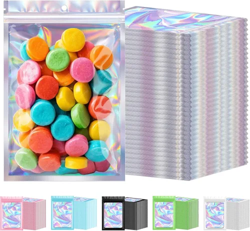Miniatura 11 de 300 bolsas holográficas de Mylar a granel, bolsas resellables a prueba de olores con ventana transparente, bolsa de aluminio para pequeñas empresas