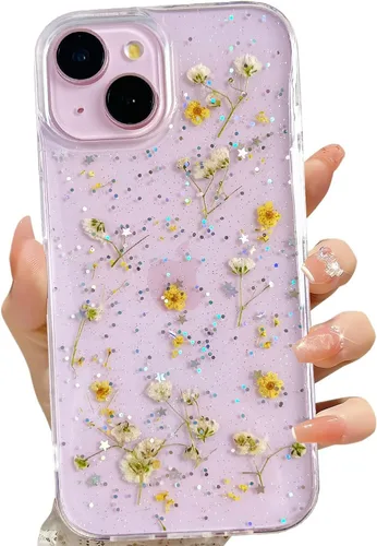 Miniatura 23 de LSEEKA Funda transparente para iPhone 13 Mini/iPhone 12 Mini con diseño de flores reales prensadas, con purpurina, bonito patrón floral blanco, Oro