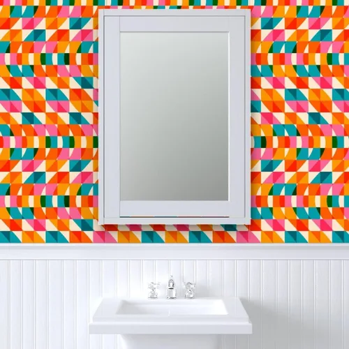 Miniatura 9 de Muestras de papel tapiz removibles – Retro Cuadros Ondas Rosa Verde Azul Rojo Naranja Rayas Papel pintado personalizado pre-pegado por Spoonflower