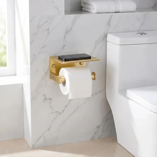Miniatura 7 de YOUDA Soporte de papel higiénico dorado con estante de montaje en pared, autoadhesivo, sin taladro ni tornillo, aluminio resistente al óxido, ahorro