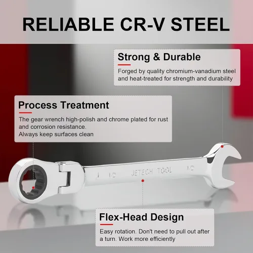 Miniatura 2 de Jetech Llave de engranaje de cabeza flexible de 1/2 pulgada, llave combinada de trinquete de grado industrial, acero de aleación Cr-V forjado