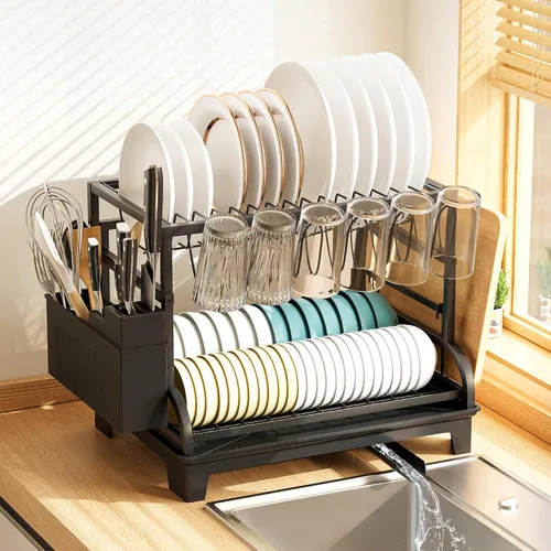 Escurridor de platos plegable de 2 niveles con bandeja, organizador de cocina de gran capacidad en acero inoxidable con soporte para tazas,