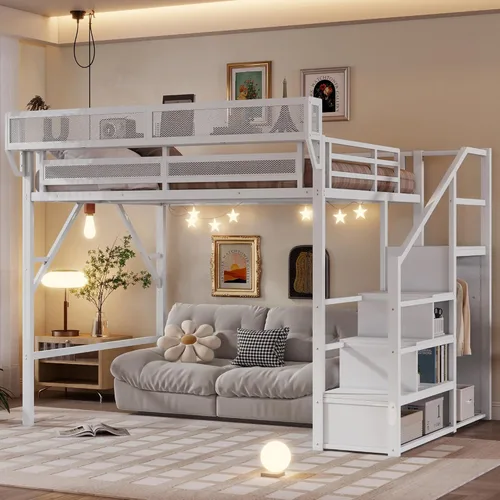 Miniatura 20 de Base de cama Queen Loft con escaleras y almacenamiento, marco de cama de metal resistente, capacidad de 800 libras, para adultos y adolescentes